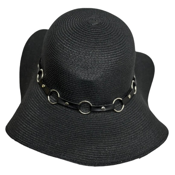 Black Straw Sun Hat Floppy Raffia Cute Silver Chain Great Sun Protection #B07 - Picture 3 of 6